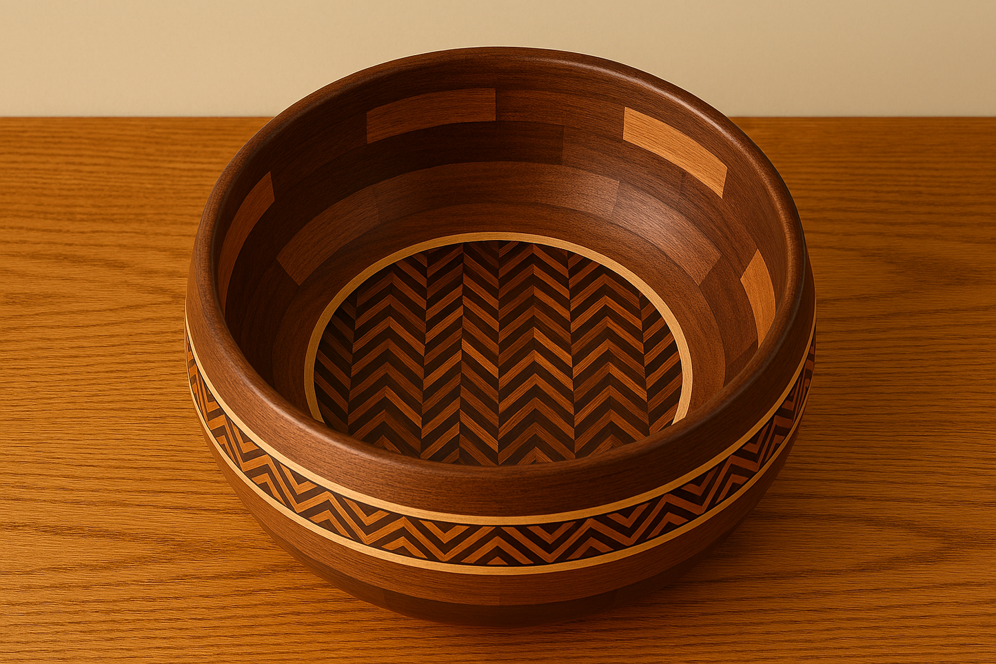 Feature Ring Bowl Herringbone Inlay Walnut Cherry and Maple 12 inch