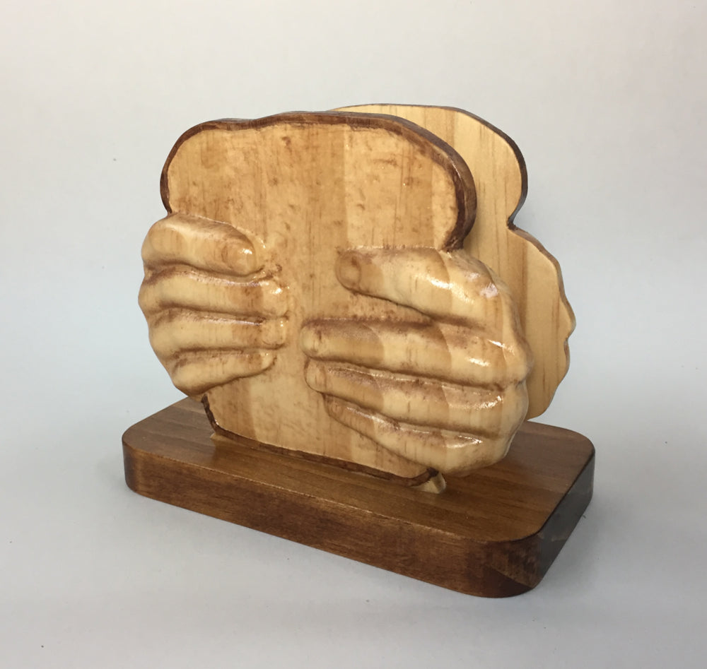 BreadHands Napkin Holder – Handcarved Wooden Sandwich Embrace